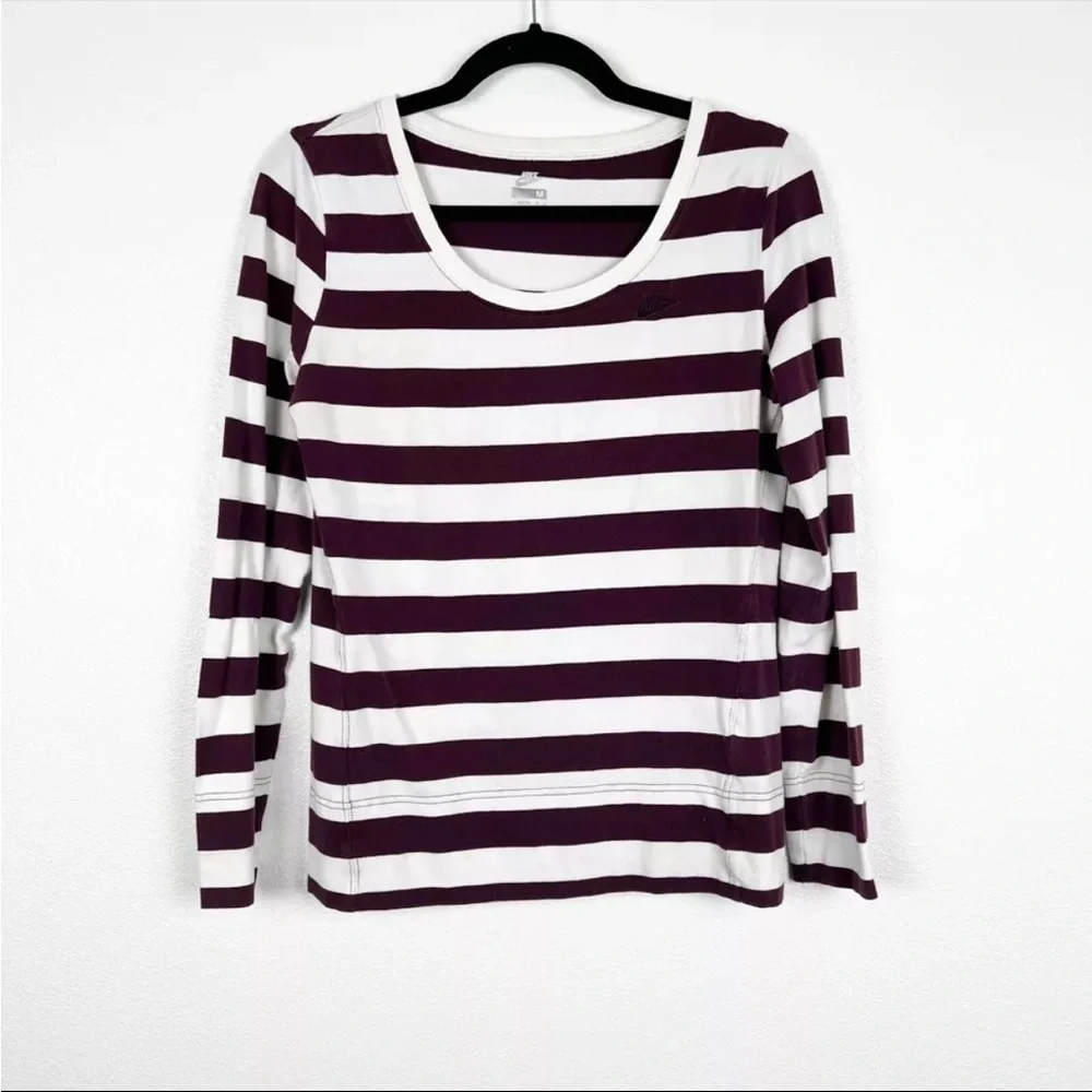 Nike Womens Striped Long Sleeve‎ Tee Maroon White Sz M